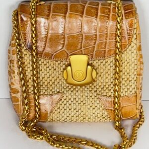 Vintage Sondra Roberts Faux Crocodile Crossbody Shoulder Bag Gold Emblem